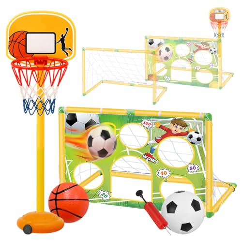 Toyana Kids 2in1 Basketball Hoop Stand (117cm) & Football Goal Post (89x45.5cm) + Target Sheet, Indoor Outdoor Garden Sports Training Activity Set, Soccer & Basket Ball Accessories Playset For Ages 3+