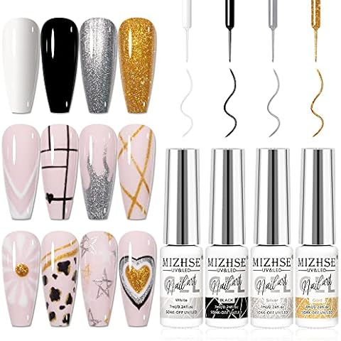 MIZHSE Nail Art Gel Liner Polish Set UV Gel Nail Polish 4 Colours Nail Art Kit French Manicure Gel Polish For DIY Nail Studio Black White Nail Polish Glitters Nail Art Gel 7ml*4 Cover