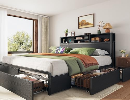 Image of EnHomee Queen Bed Frame with 6 Storage Drawers, Charge Station,Noise-Free