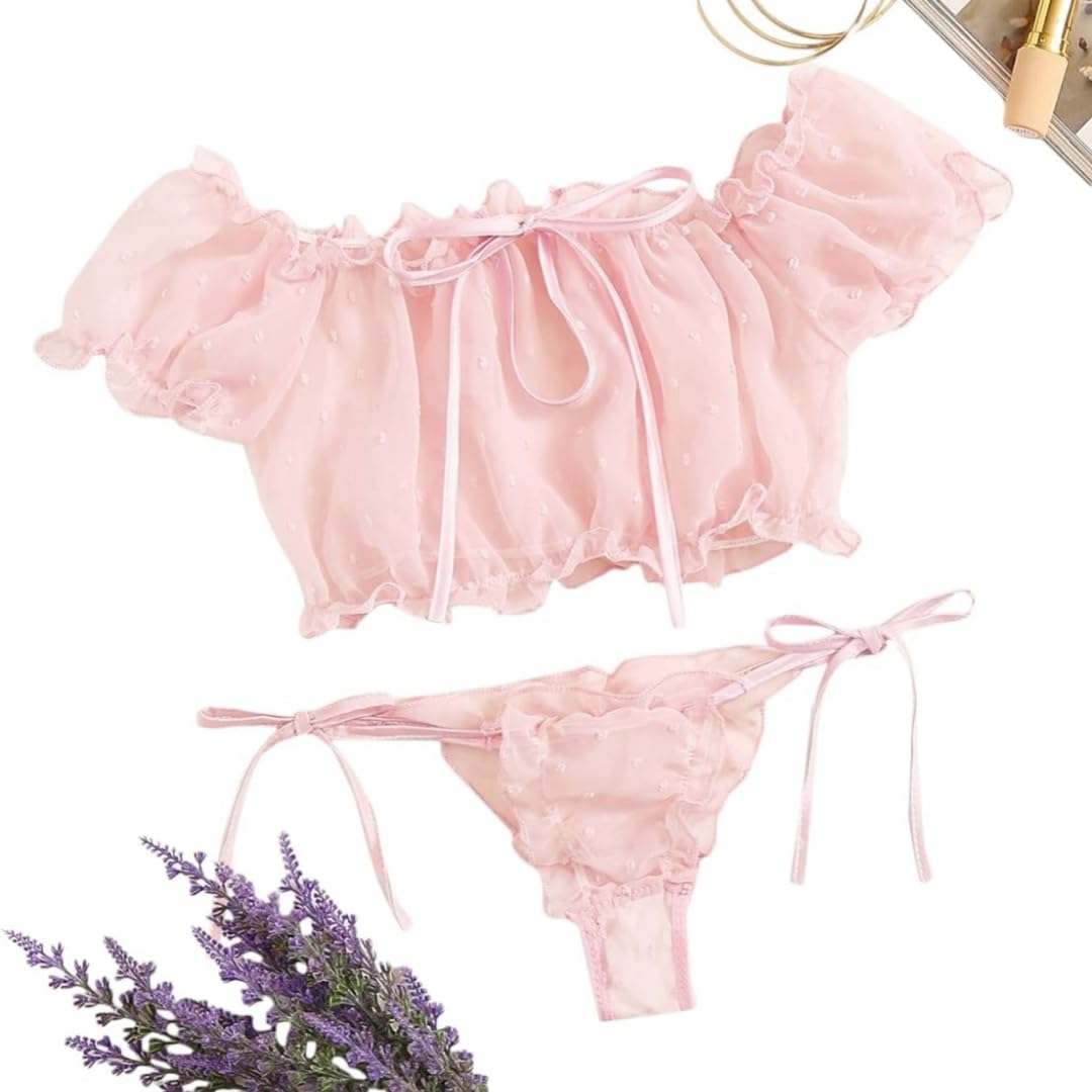 Sexy outfit Damskie seksowne biustonosze i majtki w kropki komplety bielizny Babydoll Strappy przezroczyste wykończone frędzlami bielizna z uroczą kokardką G String