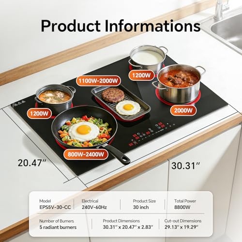 Image of Ranein 30 Inch 5 Burner Electric Cooktop, 8800W, 240V