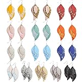 Sntieecr 14 Pairs 3 Layered Leather Earrings Lightweight Faux Leather Leaf Earrings Layered Design Drop Earrings Glitter Dangle Earrings Gift Set for Women