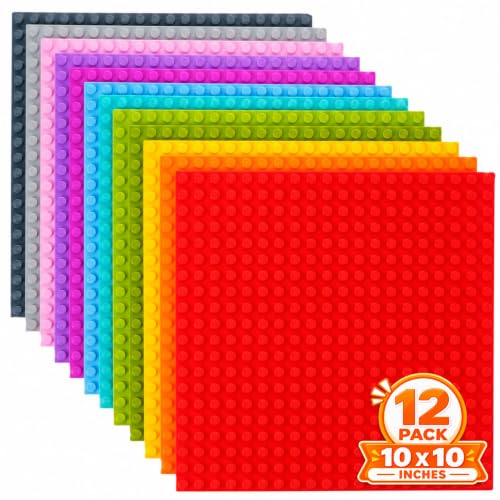 Image of Strictly Briks Stackable Baseplates - 12 Pack 10 inchx10 inch, 32x32 Studs, Compatible with Lego for Building City Scenes, Foundation, Displays Bricks on Play Table, Kids Gift, Vibrant