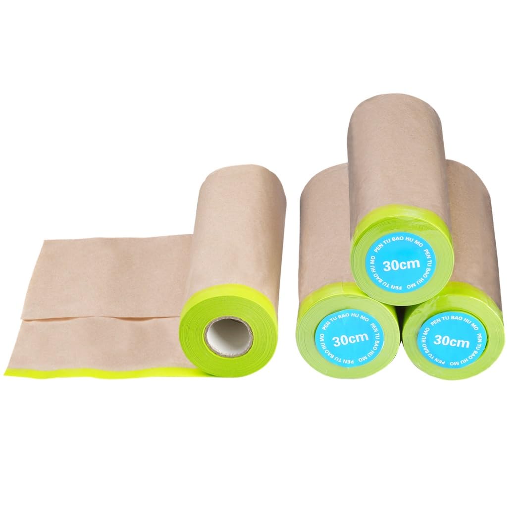 4 Rollen Kraft Abdeckpapier, vorgeklebte Abdeckfolie zum Streichen, 12 Zoll x 50 ft Bodenabdeckpapier, haftendes Malerpapier für Wandabdeckung, Abdeckpapier für Sprühlackierarbeiten