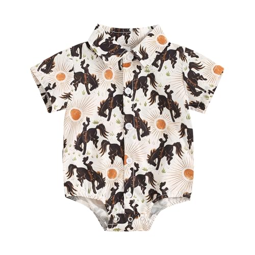 Image of Karuedoo Western Baby Boy Clothes Cow Print Shirt Romper Infant Short Sleeve Button Down Bodysuit One Piece Gentleman Outfit（D-Riding Horse&Sun,3-6 Months）