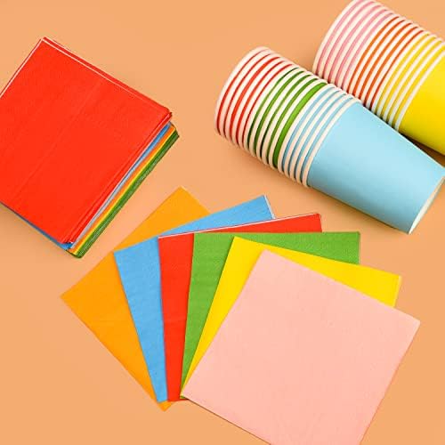 NAUZE 60 Pieces Multicolor Rainbow Cocktail Paper Napkin Beverage Luncheon Napkins and 30 Pieces Disposable Paper Cups Birthday Party Supplies