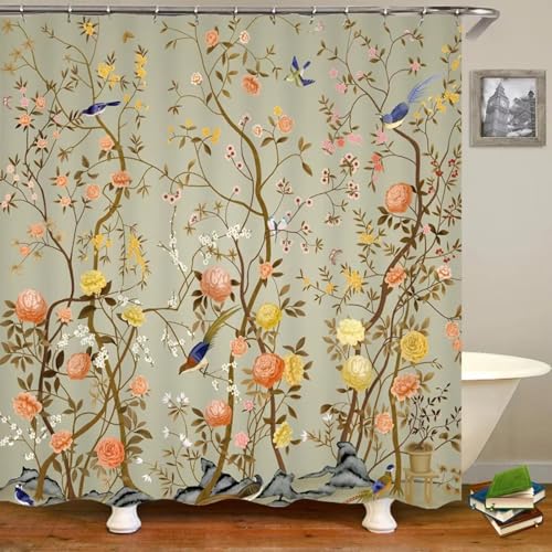 Rideau de douche tissu imperméable avec crochets fleurs oiseaux - 2