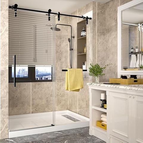 Knnbxa Shower Door 56-60" W x 75" H Frameless Shower Glass Door, 5/16"(8mm) Clear Tempered Glass Shower Door, Double Sliding Shower Doors with Black Handle & Hardware for Bathroom Cover