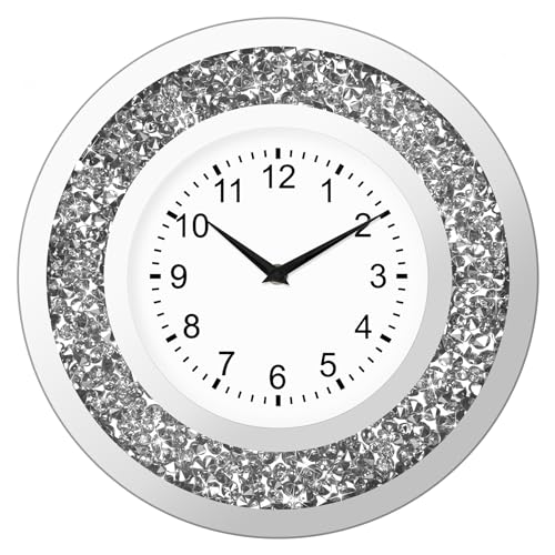 14 Inch Crystal Crushed Diamond Mirrored Wall Clock - Sparkle Twinkle Bling Wall Clock Silver Round Clock for Living Room, Bedroom, Home Decor, Silent Non-Ticking Quartz Movement
