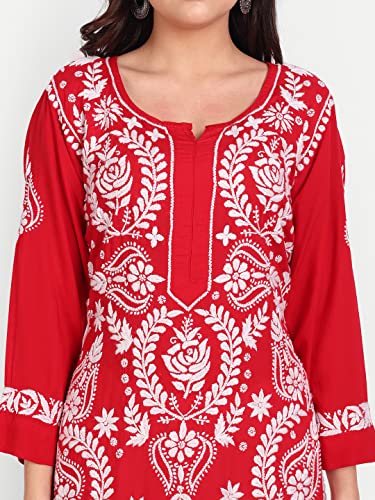 Image of indiankala4u Women's Hand Embroidered Chikankari Kurta for Women | Modal Cotton Straight Kurti | Lucknowi Chikan Work Ethnic Kurta | Full Sleeve Festive Office Wear