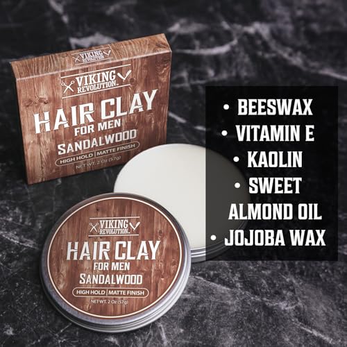 Image of Viking Revolution Sandalwood Hair Clay - Strong Hold & Matte Finish, Texturizing Hair Clay for Men - Beeswax, Jojoba Wax & Vitamin E - Effortless Styling with Sandalwood Scent (2 pack, 2oz each)