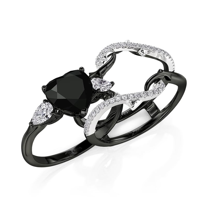 Image of Jeulia 3.1CT Interchangeable Engagement Ring Set Sterling Silver Black & White Heart Thorns Three Stone Wedding Bridal Ring with Gift Box