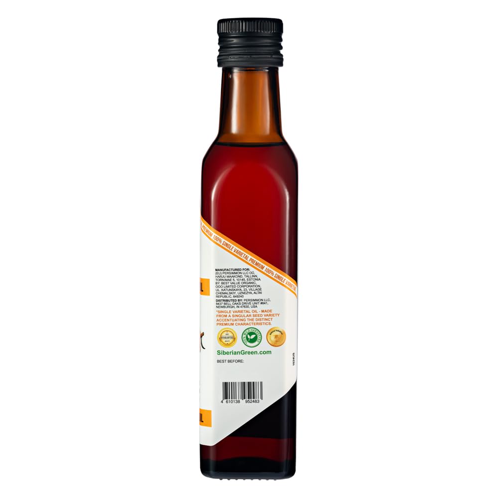 Aceite de Espino Amarillo Verde Siberiano – 250 ml Aceite de Fruta Hippophae Monovarietal, Virgen Extra Sin Refinar, Prensado en Frío