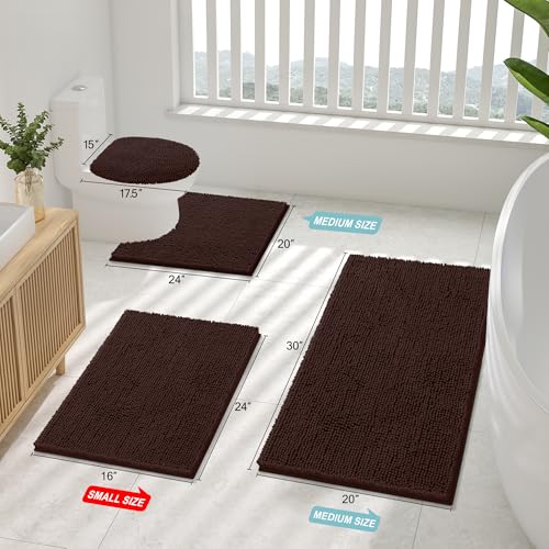 Image of Smiry Bathroom Rugs Sets 2 Piece, Soft Absorbent Chenille Machine Washable Non Slip Shaggy Bath Rug Set for Tub, Shower, and Floor (30x20+24x16, Brown)