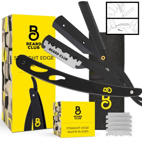 The Beard Club Straight Razor for Men - Navajas Para Barbero - Barber Straight Edge Razor Kit - Premium Single Derby Blade Cutthroat With 5 Replaceable Stainless Steel Blades &amp; Leather Case