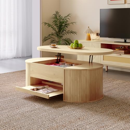 Merax Table basse élévable 110x55,5x40 cm, hauteur réglable avec côtés en bois incurvés, étagère extensible, meuble de salon multifonctionnel, espace...