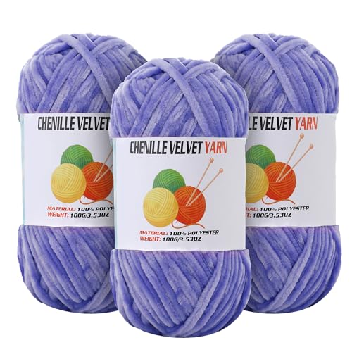 Image of 3 * 100g Velvet Chenille Chunky Yarn for Crocheting, Handcrafts Weaving Soft Chenille Yarn for Crocheting Clearance, Used for Making Baby Yarns Blanket, Clothes, Knitting Creations (Light-Lavender)