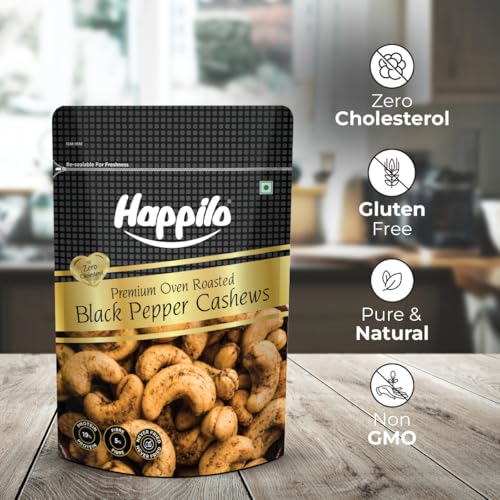 Image of Happilo Salted Black Pepper Whole Cashews 160g|Crunchy Nuts|Non-Fried|Zero Cholesterol Natural Jumbo Size Whole Kaju Nuts & Dry Fruits|Rich in Protein, Roasted Crunchy Delicious Healthy Snacks