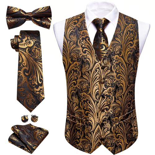 Image of Barry.Wang Men's Suit Vest Tie Bowtie Set Formal Silk Paisley Waistcoat Hanky Cufflinks Lapel Pin Set Wedding Party 7PCS