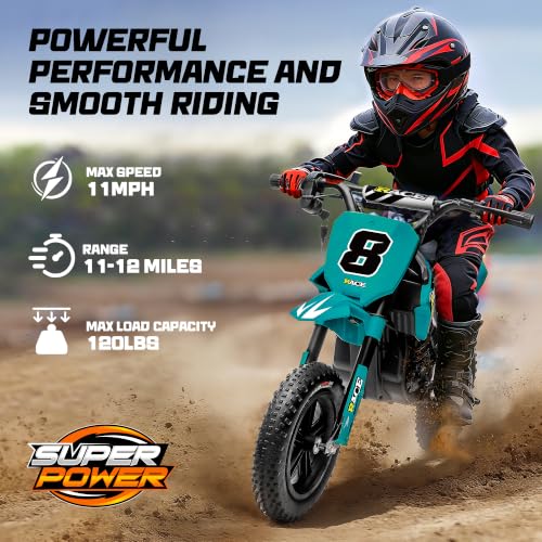 Image of 24V Kids Electric Dirt Bike - 250W Electric Motorcycle, 11 Mph Max Speed Electric Motorcycle Mini Bike with Music, 10 Miles Range, Twist Grip Throttle, Metal Suspension, Rubber Tires (Dark Green)