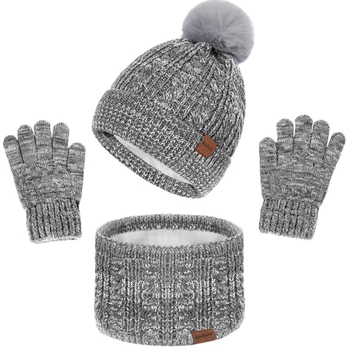 3 Pcs Kids Winter Hat Gloves Scarf Set, Toddler Knitted Beanie Hat Neck Warmer Mittens Fleece Lined Set for Boys and Girls