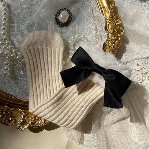 Ribbon Bowknot Socks Cotton Midcalf Socks Girl Winter Dress Socks for Little Girls with Berber Fleece3