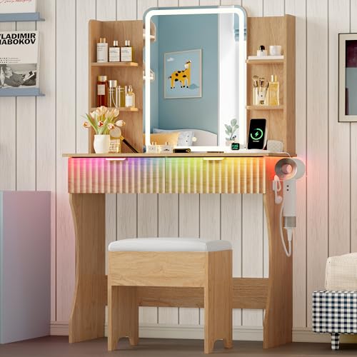 Vanity Desk with LED Lights Mirror & Power Outlet, Small Makeup Vanity Table Set with Storage Drawers & Chair, 3 Lighting Modes & Adjustable Brightness, Dressing Table for Women Girls Bedroom, Oak