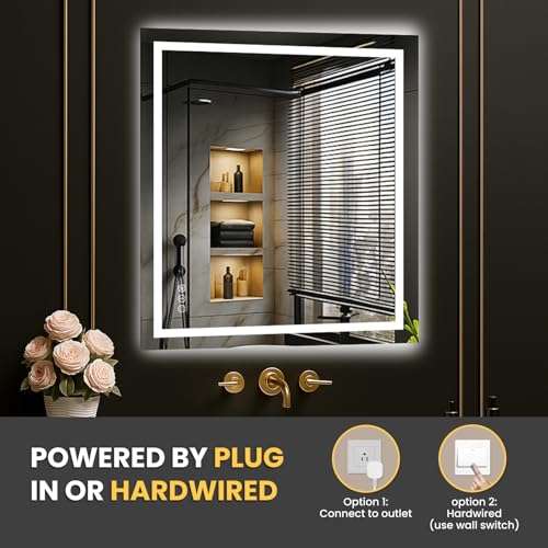Image of LOAAO 24 inchX28 inch LED Mirror for Bathroom, Lighted Bathroom Mirror with Lights, Anti-Fog, Dimmable, Memory Function, Clear Reflection