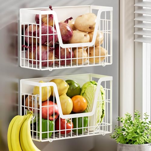 Image of 2 Set Magnetic Fridge Shelf, White Magnetic Fruit Basket for Fridge | Potato and Onion Storage Bins, Wire Baskets Magnet Shelves Spice Rack for Refrigerator Laundry Kitchen Organizer and Storage