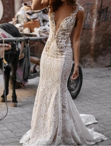Beach Boho Open Back Mermaid/Trumpet Sexy White Wedding Dress Bridal Gowns Evening Dress Appliques Slim Fit 20254