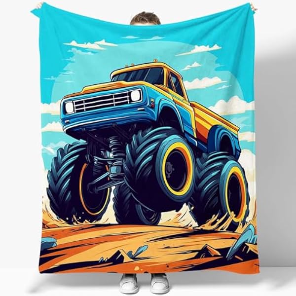 Przytulny koc polarowy, bardzo miękki, przytulny, z motywem kreskówki, monstertruck, dekoracyjny, całoroczny, do domu, na kanapę, łóżko, krzesło, podróż, 180 x 220 cm, niebiesko-żółty