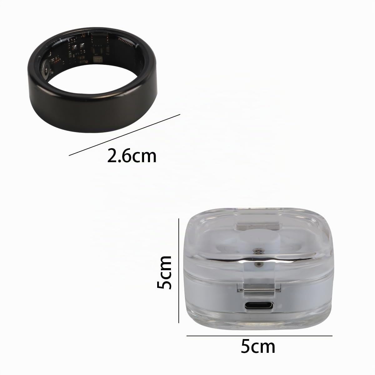 Bague connectée avec écran Tactile et Moniteur de fréquence Cardiaque, boîtier de Chargement sans Fil Noir de 18,2 mm de diamètre intérieur