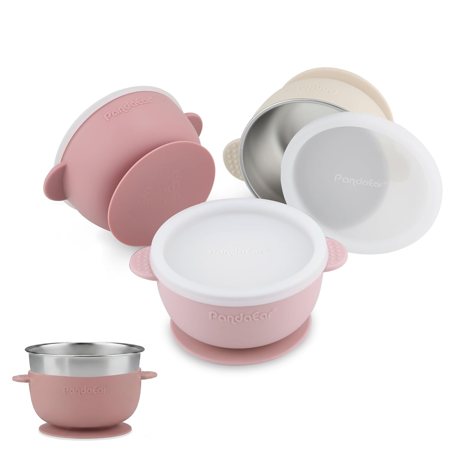 PandaEar 3 Pack Stainless Steel Baby Suction Bowl with Lid, Non-Slip Toddler Bowls for Weaning with Silicone Sleeve for Kids Infants Children, Unbreakable & Mess Free (Pink)