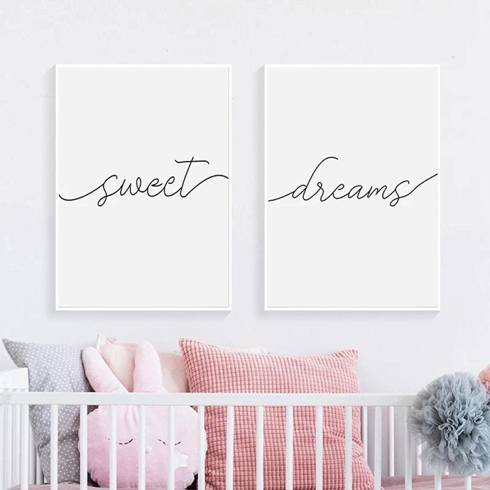 Cuadro en lienzo cartel nórdico en blanco y negro Sweet Dreams Nursery Wall Art Print cuadros de pared para niños decoración del hogar sin marco-50x70cmx2