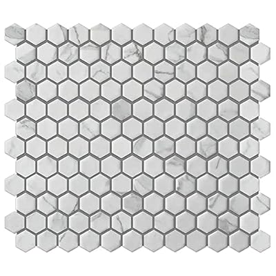 Tenedos 1 Inch Hexagon Glazed Porcelain Mosaic Tile with Carrara White with Grey Marble Look for Wall and Floor, Kitchen Backsplash, Bathroom Walls (10 Sheets)