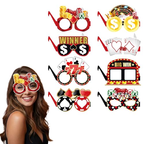 Gemejutor 8 Pièces Lunettes En Papier Thème Casino Las Vegas Kit Lunettes De Fête Drôles Avec Cartes À Jouer Dés Jetons Accessoires Photobooth Pour Soirée Poker Fête À Thème Carnaval Enfants Adultes