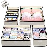 DIMJ 4 Pack Drawer Dividers with Lid, Foldable Closet Underwear Organizer, Dresser Drawer Organizer Divider Set Cube Basket Bins Containers for, Clothes, Bras, Socks, Ties, Scarves (Beige)