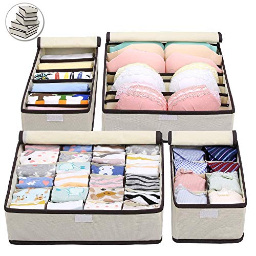DIMJ Drawer Organisers Dividers 4 Packs Closet Organizer, Storage Boxes and Wardrobe Organiser with Lid for Underwear, Bras, Socks, Ties, Scarves (4pcs Beige)