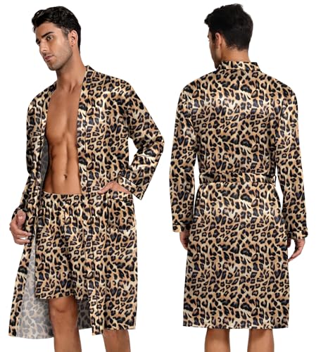 Image of SWOMOG Mens 3 PCS Satin Robe with Pants & Shorts Set Kimono Bathrobe Long Sleeve Sleepwear Pjs Sets with Pockets