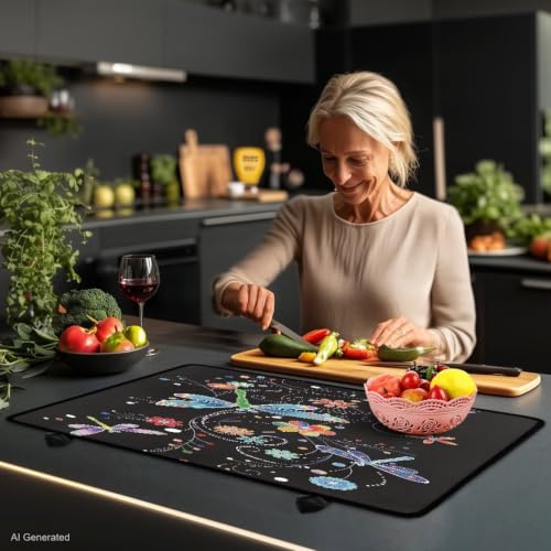 Image of Glass Ceramic Top Stove Cover Heat Resistant Flat Top Stove Cover Mat Induction Cooktop Protector Mat with Non-Slip Rubber Backing, 29 x 21 Inch, Dragonfly Floral Black
