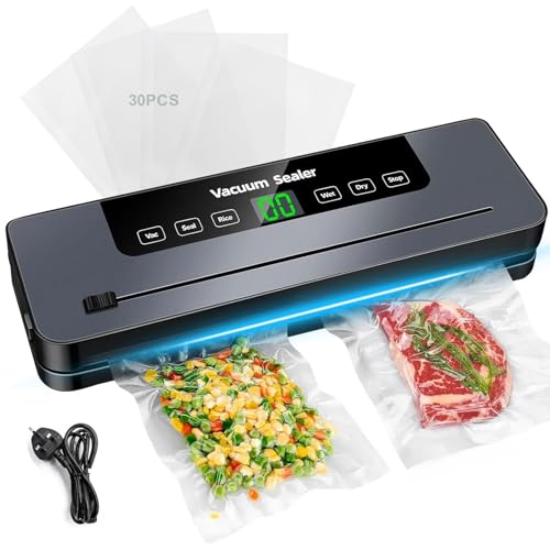 Vacuum Sealer, 6-in-1 Multi-Functional Food Vacuum Sealer, Built-in Cutter and Visible LED Digital Countdown Display for Dry and Moist Food Fresh Preservation with 30Pcs Vaccum Sealer Bags