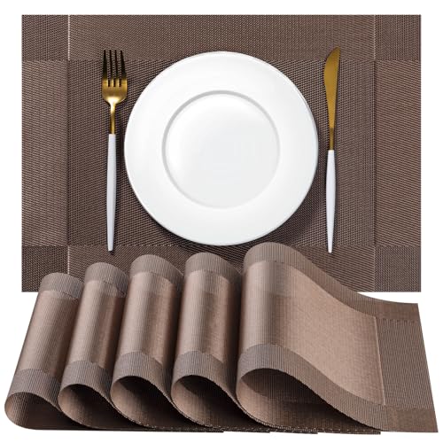 Image of Placemats Set of 4 - Easy Clean Woven Vinyl Placemats for Dining Table, Indoor /Outdoor Place Mats, Washable PVC Table Mats(Brown Cube)
