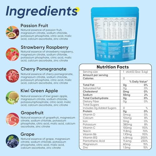 Image of 24 Sticks Electrolytes Powder Packets No Sugar Hydration Packets Electrolyte Liquid Daily IV Drink Mix with Strawberry Raspberry, Passion Fruit, Kiwi Green Apple, Cherry Pomegranate, Grape, Grapefruit
