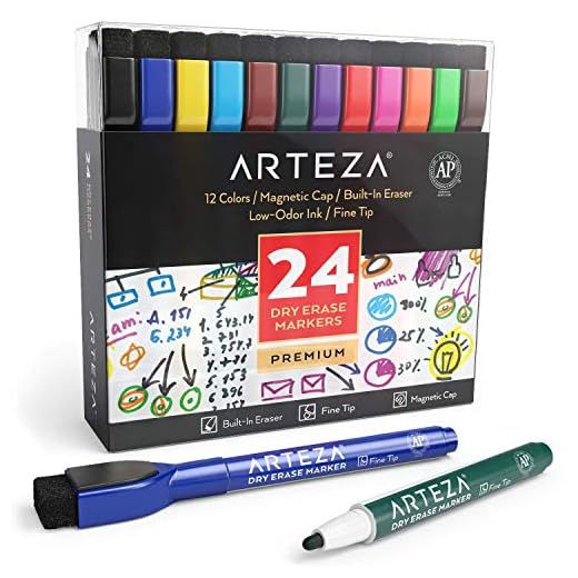 ARTEZA Rotuladores magnéticos con borrador para pizarra | Caja de marcadores de colores | Colores surtidos, 24 unidades | Rotuladores borrables para escuelas, oficinas y hogares