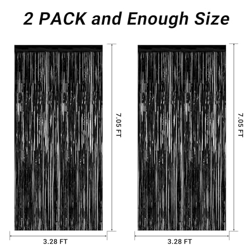 Image of ZATAYE 2 Pack Black Foil Curtain Backdrop Birthday Party Decorations | Black, Metallic Foil, 3.28 x 7.05 FT, Tinsel Backdrop, Foil Curtain Streamer, Halloween New Years Eve Party