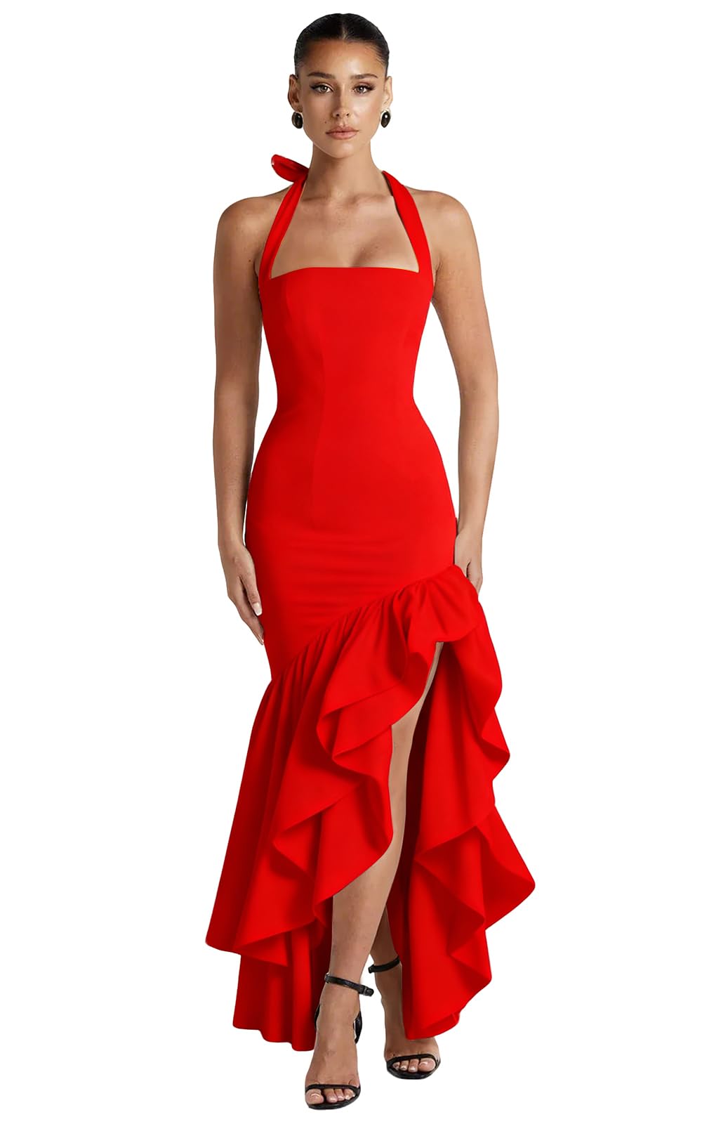 Womens Halter Polka Dots Satin Prom Dresses Ruffle Mermaid Bridesmaid Evening Gowns 2026