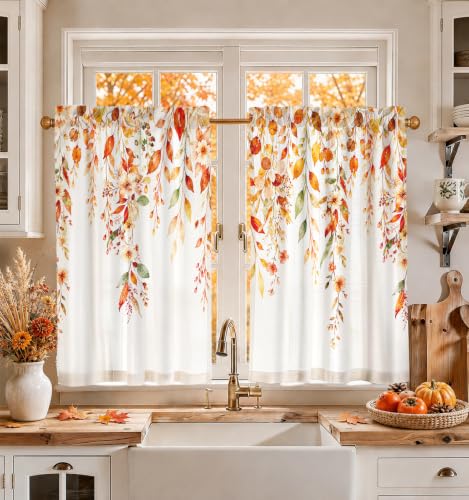 Image of Miss Adola 36 Inch Length Kitchen Tier Curtains Fall Leaves Cafe Curtains