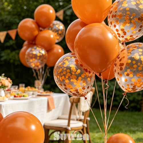 Image of SUWEN 47PCS Burnt Orange and Confetti Terracotta Rust Balloons Latex Set | Terracotta Rust Color Helium Matte Balloon for Birthday Anniversary Fall Themed Party Decorations