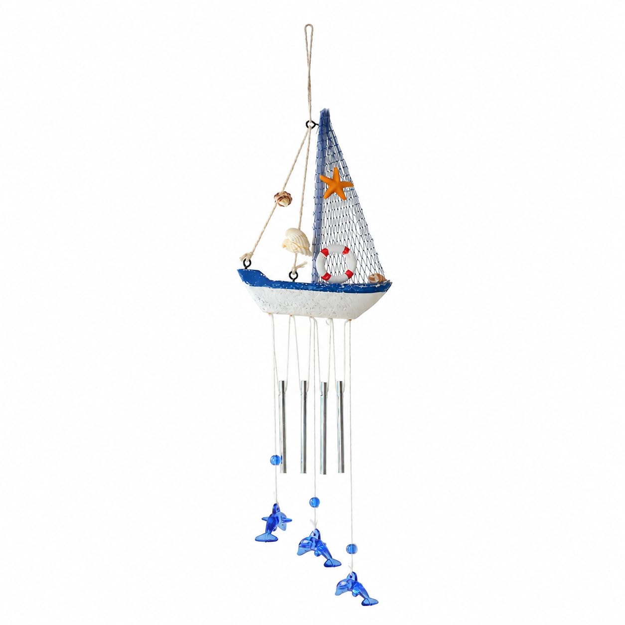 Wooden Wind Chime, Blue White Fish Hanging Decor