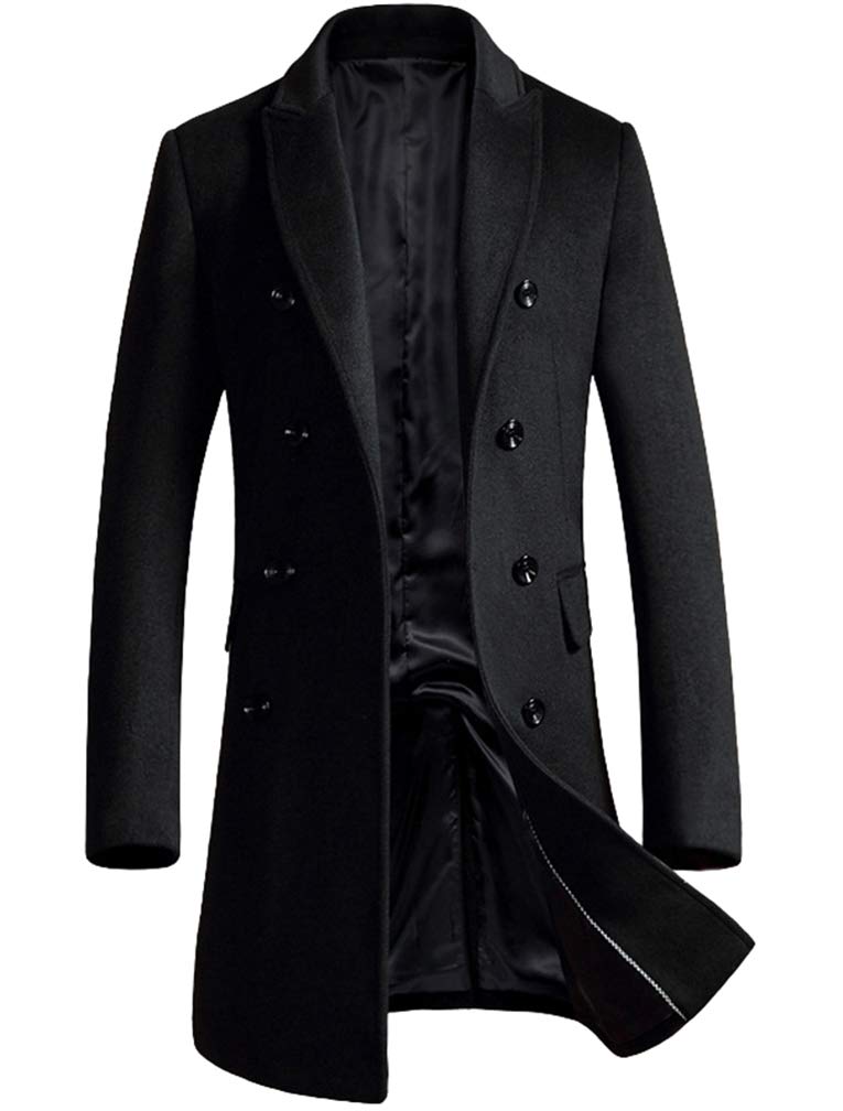 Men's Woolen Trench Coat Double Breasted Slim Fit Winter Overcoat Long Jacket Business Pea Jacket